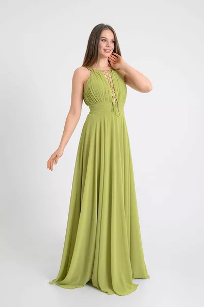 Pistachio Green Evening Dress with Cross Laces Front and Back
