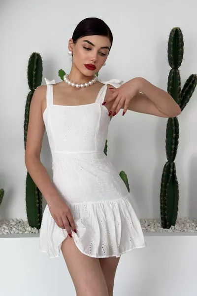 Women's Brode Fabric Strapless Collar Strap Design White Mini Evening Dress 