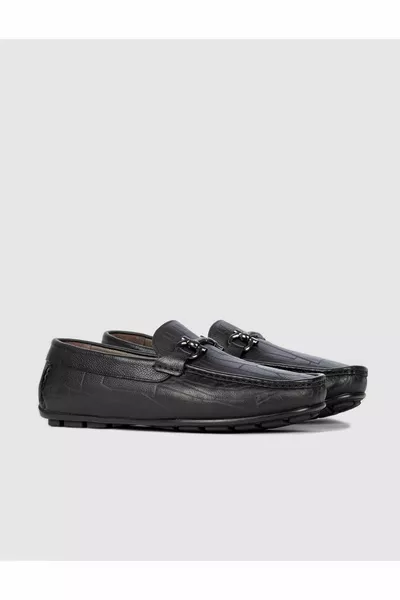 Black Men's Loafer with Genuine Leather Buckle