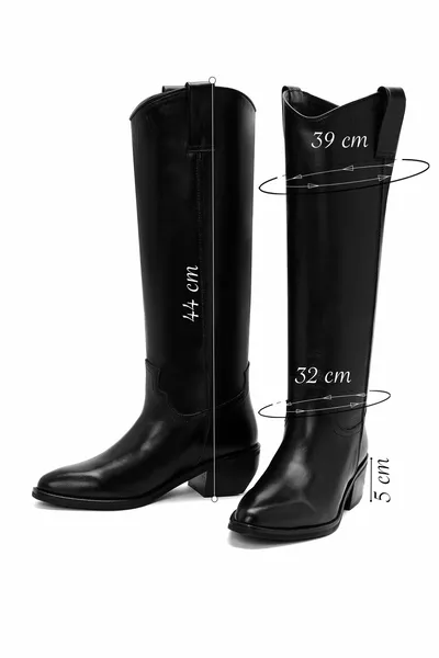 أحذية كاوبوي جلدية سوداء ذات كعب سميك نسائي 