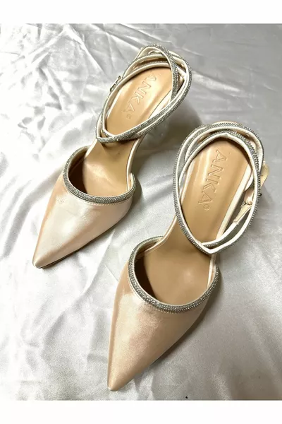 نسائي عارية بيج الجلد الساتان 8 سم الكعب الشفاف الكاحل التفاف الحجر وأشار اصبع القدم مساء الأحذية