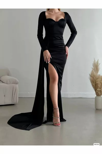 Дамска черна яка сърце с отворени рамене с отворен дълъг ръкав Glop Цепка Риба Дълга макси дължина Сатенена тъкан Вечерна рокля