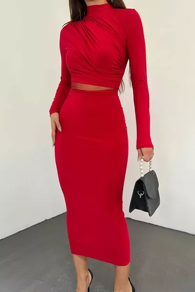 Flessibile tessuto sabbia Tulle Décolleté dettagliato stand-up collare manica lunga midi lunghezza abito da sera rosso 