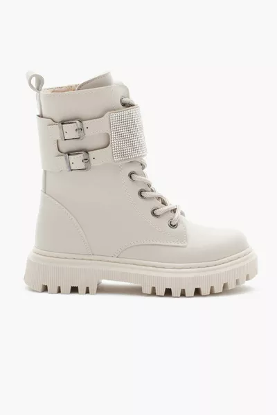 الفتيات البيج الجلد الحرارية وحيد الحجر مفصلة مزدوجة مشبك الدانتيل المتابعة والأحذية الفيلكرو بسحاب