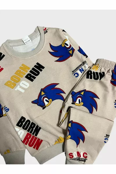 Boys' Brown Sonic Patterned Long Sleeve Winter Pajama Set with Cotton Fleece