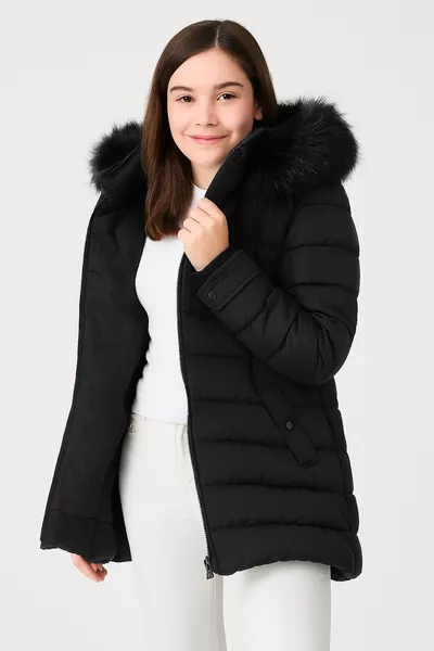Женская стеганая куртка с капюшоном с черным искусственным мехом Yasmin черно-белая
