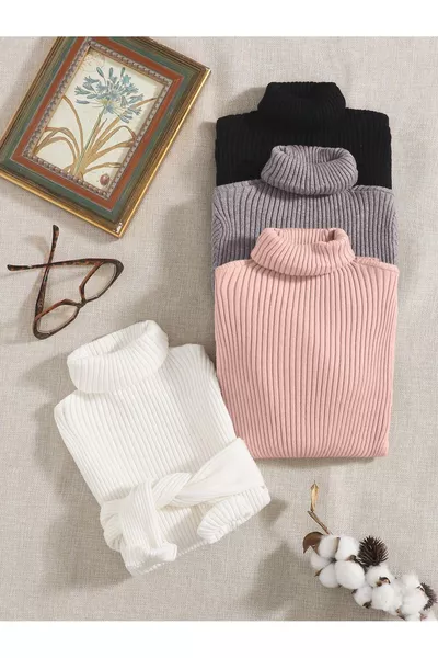 Unisex 4-Pack Black, White, Beige, Pink Cotton Ribbed Turtleneck Sweater with Brushed Finish