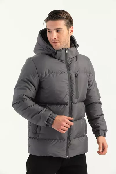 معطف شتوي رجالي مبطن سميك بغطاء رأس مقاوم للماء والرياح باللون الأنترسايت