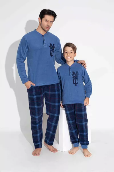 Men's Indigo Blue Plaid Pattern Long Sleeve Father-Son Polar Fabric Winter Warm Pajama Set