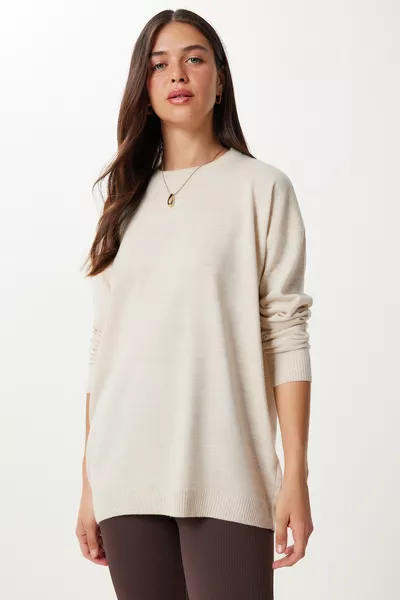 Pull basique pour femme col rond beige 