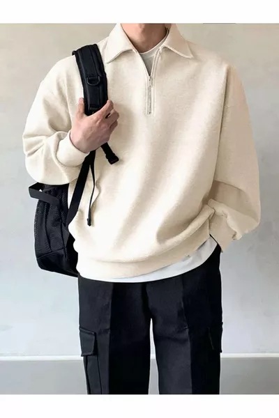 سويت شيرت رجالي بياقة بولو ونصف سحاب باللون البيج