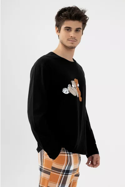 طقم بيجامة رجالي من القطن بأكمام طويلة، مطبوع عليه دب، وسرواله بنقشة مربعات مع جيوب