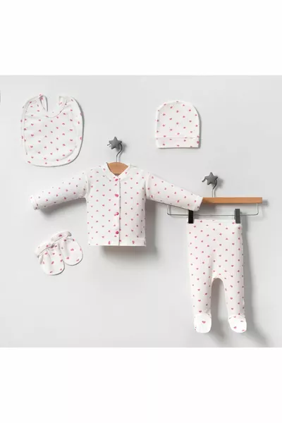 5-Piece Newborn Bodysuit Set Hospital Discharge Ribbed Ecru Fabric with Pink Heart, Boxed