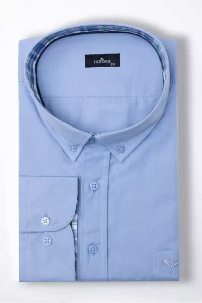 Men's Plus Size Relaxed Fit Cotton Easy-Iron Button-Down Collar Plain Blue Casual Shirt