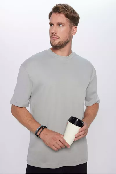 Unisex Oversized Loose Fit % Cotton Soft Textured Basic Crew Neck Grey T-Shirt