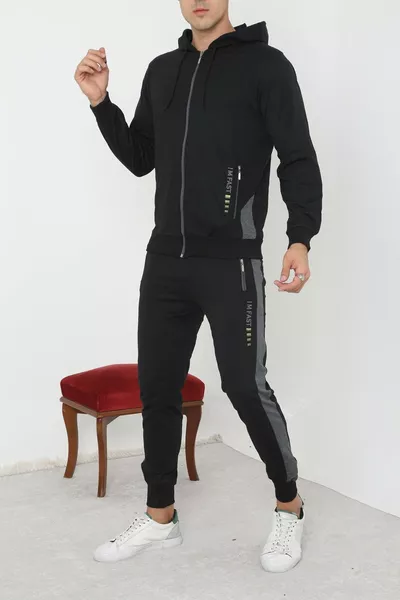 طقم رياضي رجالي بسروال أسود مطاطي وسحّاب