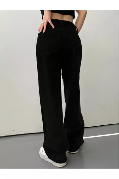 Jean palazzo noir taille haute pour femme, pantalon en denim ample noir