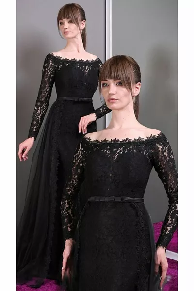 Lungo Pizzo Stretto Fit Abito Da Sposa Abito Da Sera Nero 
