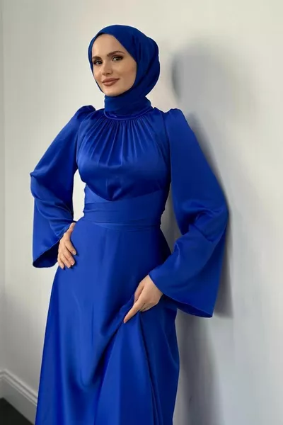 Violet Spaanse Mouw Taille Stropdas Satijnen Jurk Sax Blauw