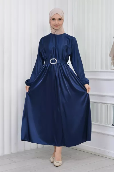 Satin Mevlana Design Belted Hijab Dress Evening Dress