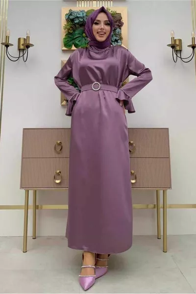 Damen Lila (Lila) Abendkleid aus Satin mit Perlendetail und Gürtel T 