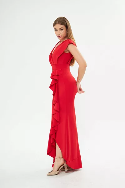 Elastico Rosso Scuba Tessuto Volano Dettaglio Abito Da Sera E Abito Di Laurea  