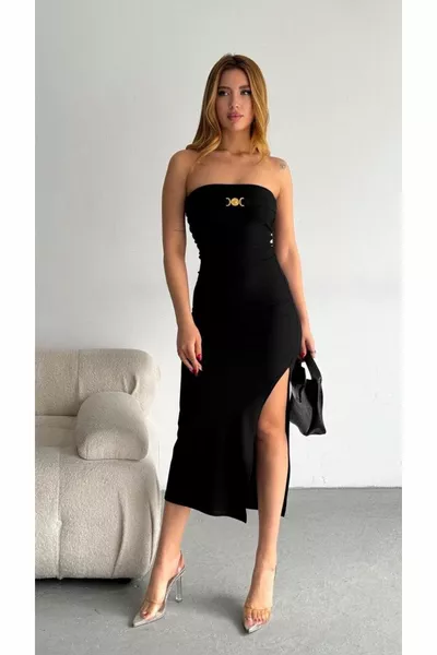 Women's Black Ottoman Fabric Strapless Gold Accessory Detailed Slit Midi Evening Dress