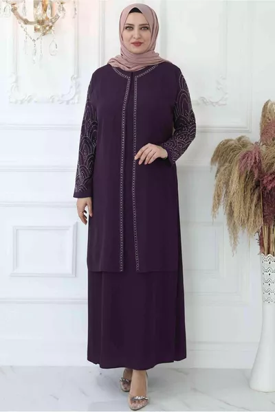 المرأة البرقوق الأكمام والياقة الحجر المطرزة مساء اللباس T 