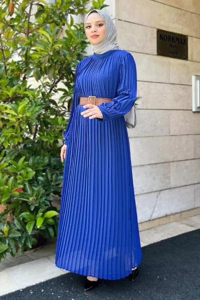 Pleated Belted Evening Dress Indigo