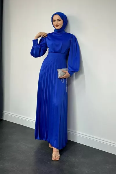 Nasta Waist Fitting Pleated Satin Evening Dress Sax Blue