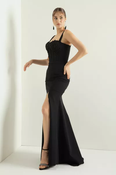 Damen Black Stone Ballet Korsett Langes Abendkleid mit Schlitz