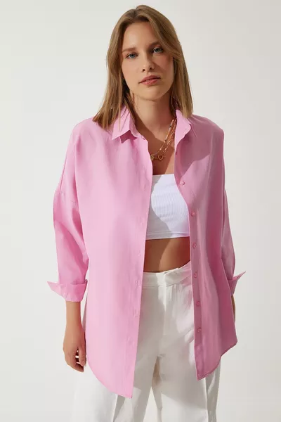 Женская розовая длинная базовая рубашка оверсайз 