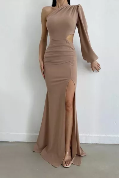 Single Sleeve Waist Detailed Slit Crepe Dress Mink