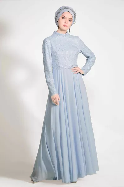 Damen Blaues Abendkleid mit Spitzendetail T 