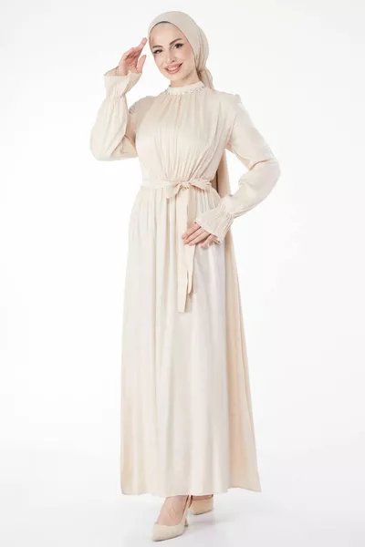 Rechte rechter kraag vrouwen beige steen gedetailleerde ceintuur jurk - 