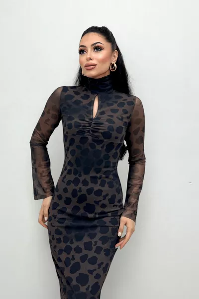 Tule Stof Trekkoord Coltrui Jurk - BRUIN