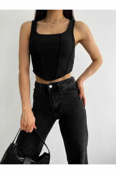 Черная корсетная блузка с квадратным вырезом и вельветовой женской укороченной блузкой