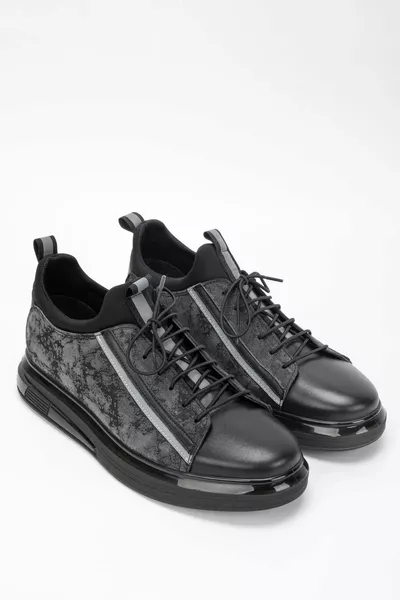 جلد طبيعي للرجال أسود/رمادي سنيكرز وأحذية رياضية