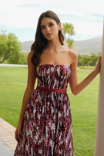 Fuchsia Color Strapless Geborduurde Jurk met pailletten