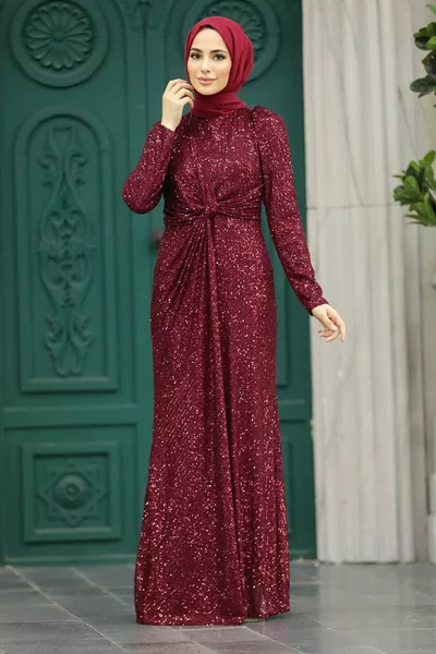 Вечернее платье хиджаб - вышитое пайетками бордовое вечернее платье хиджаб BR