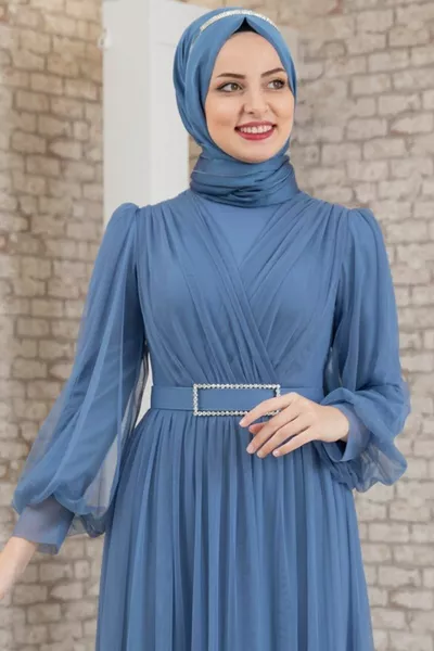 Women's Navy Blue Belt Stone Tulle Detail Evening Dress Indigo - 