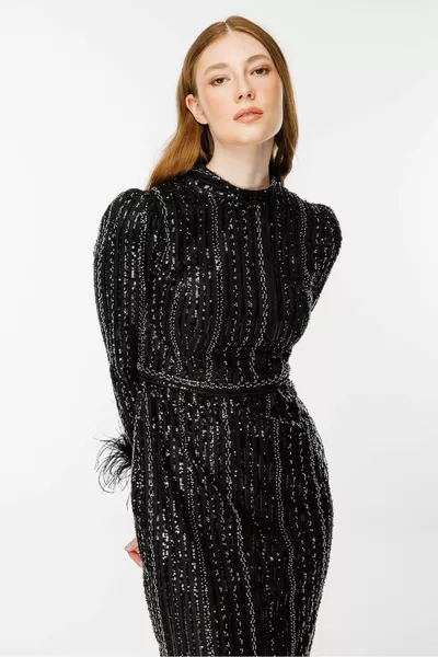 Otriş Подробное вечернее платье с вышивкой пайетками и пайетками - ЧЕРНЫЙ