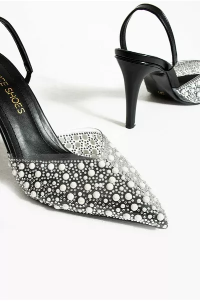 Women's Stiletto Stone Pointed Toe Open Back 9cm Evening Dress Heels Black