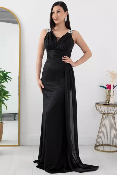 Рамо камък детайл блясък вечерна рокля 