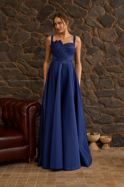 Тъмносиня драперия детайлна макси дължина Сатенена вечерна рокля и вечерна рокля