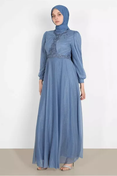 Abiti da sera da donna con perline blu ricamate glitter 