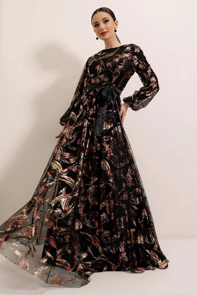 Robe longue ceinturée doublée dorée large gamme de tailles noir-or