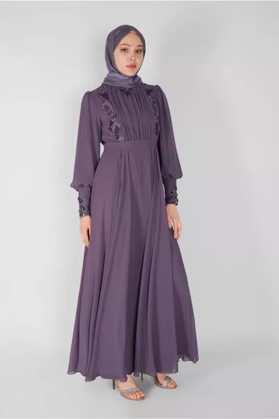 Lila (LAVENDEL) Besticktes Perlenbesetztes Abendkleid für Damen 