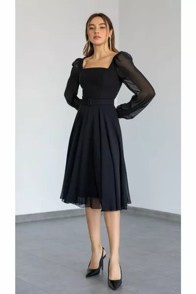 Encolure carrée Plus Taille Ceinturée Midi Longueur En mousseline de soie Mariage Fiançailles Promesse Demande Robe De Graduation Robe De Soirée