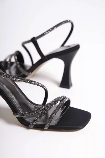 Women's Stone Goblet Heeled Evening Dress Shoes Blunt Toe Black